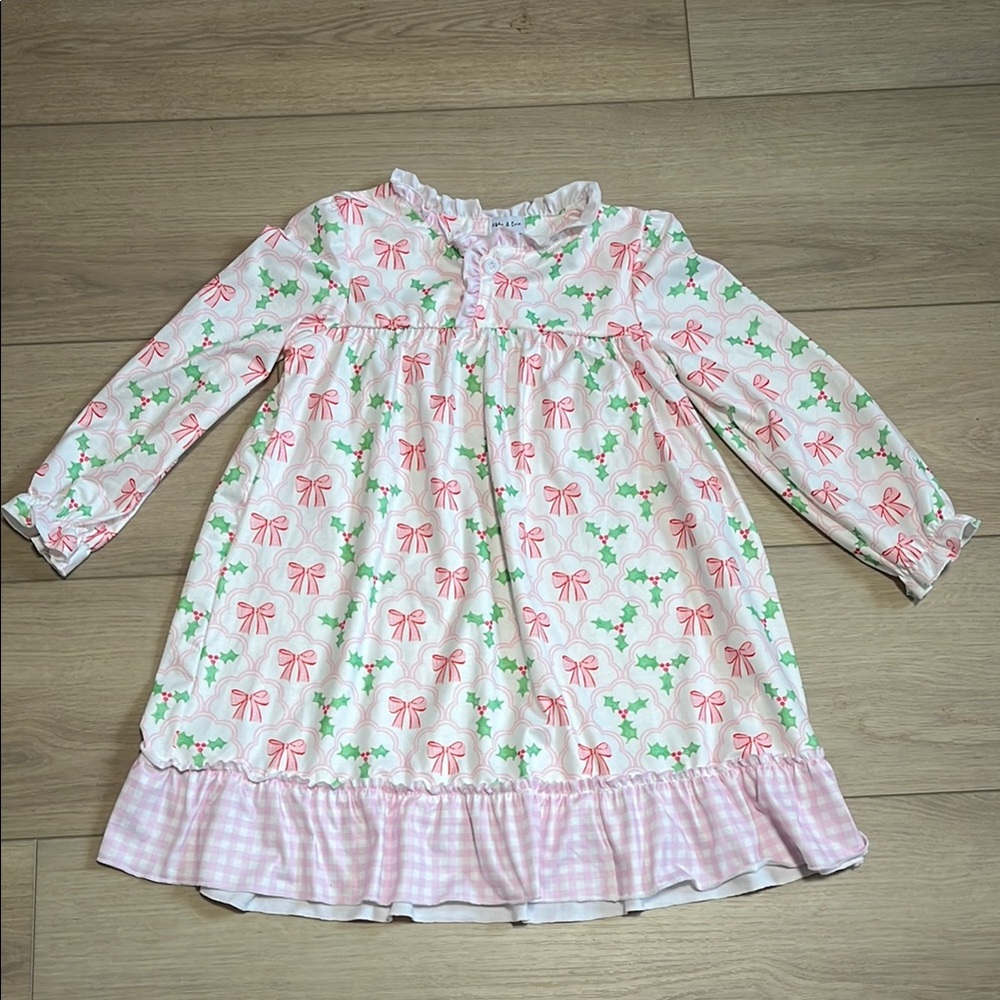 Abby & Evie Pink Christmas holly bow print girl dress size 7 boutique